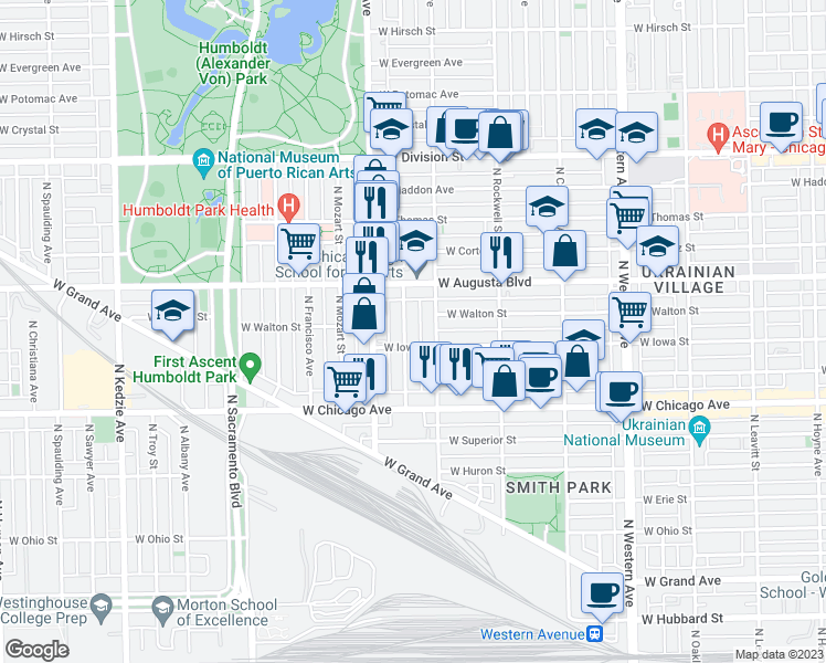 map of restaurants, bars, coffee shops, grocery stores, and more near 916 North Washtenaw Avenue in Chicago
