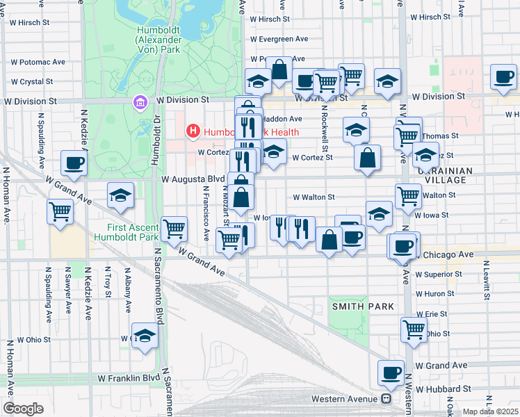 map of restaurants, bars, coffee shops, grocery stores, and more near 914 North Fairfield Avenue in Chicago