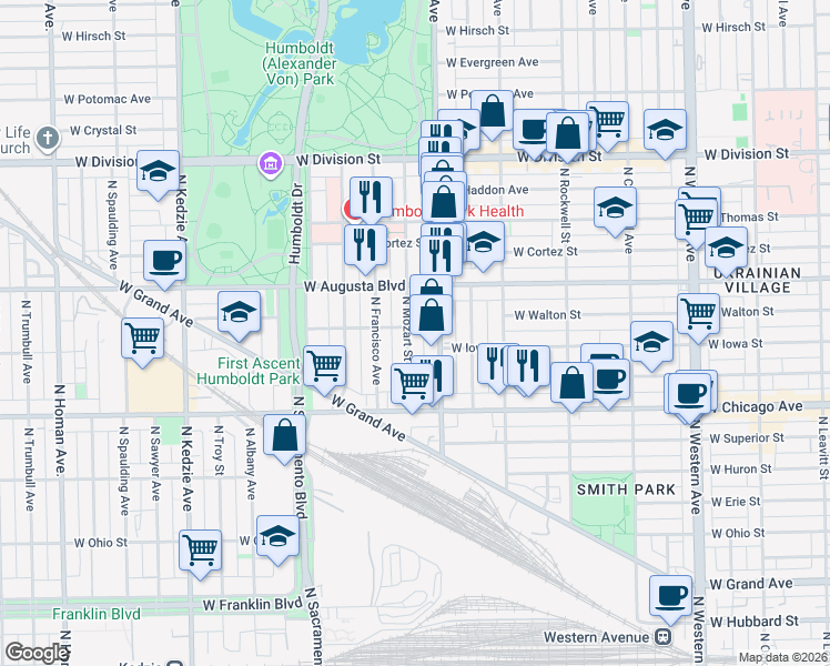 map of restaurants, bars, coffee shops, grocery stores, and more near 879 North Mozart Street in Chicago