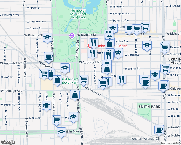 map of restaurants, bars, coffee shops, grocery stores, and more near 880 North Richmond Street in Chicago