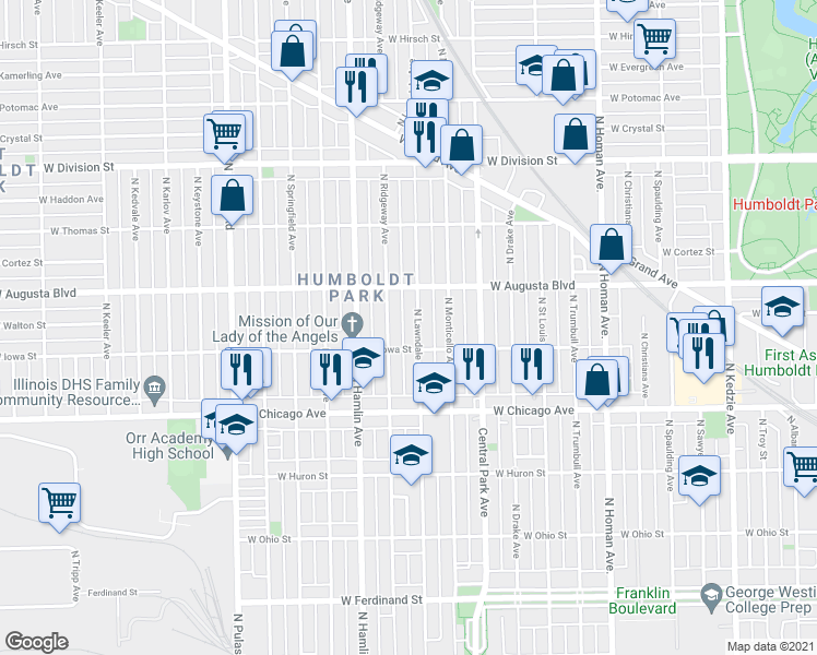 map of restaurants, bars, coffee shops, grocery stores, and more near 923 North Lawndale Avenue in Chicago