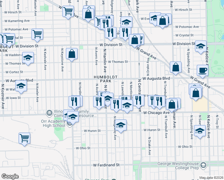 map of restaurants, bars, coffee shops, grocery stores, and more near 923 North Ridgeway Avenue in Chicago