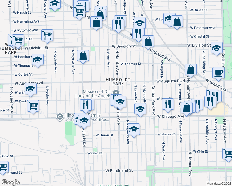 map of restaurants, bars, coffee shops, grocery stores, and more near 924 North Hamlin Avenue in Chicago