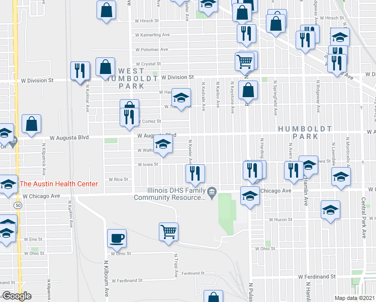 map of restaurants, bars, coffee shops, grocery stores, and more near 4219 West Walton Street in Chicago