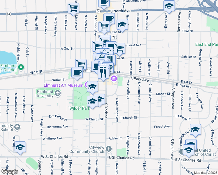 map of restaurants, bars, coffee shops, grocery stores, and more near 145 South York Street in Elmhurst