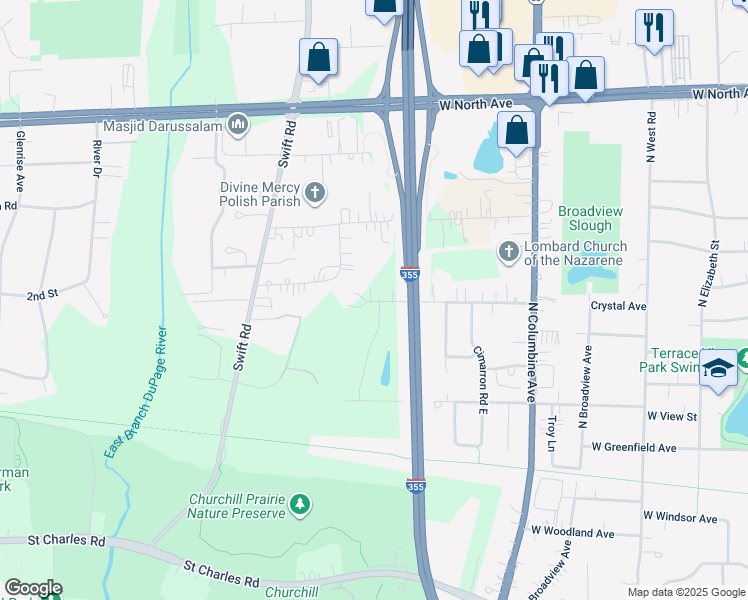 map of restaurants, bars, coffee shops, grocery stores, and more near 21W270 Pleasant Lane in Lombard