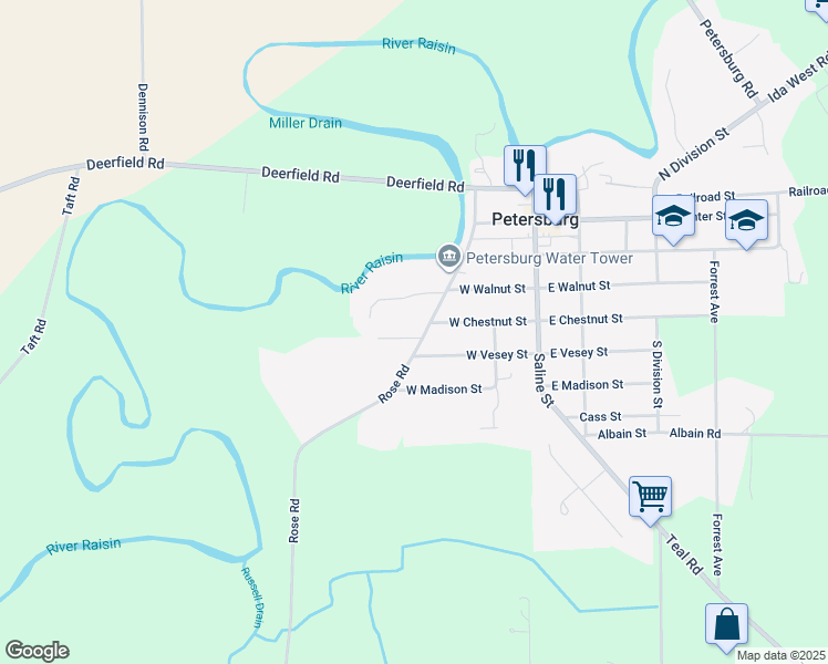 map of restaurants, bars, coffee shops, grocery stores, and more near 430 Rose Road in Petersburg