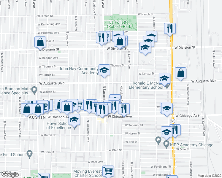 map of restaurants, bars, coffee shops, grocery stores, and more near 938 North Leamington Avenue in Chicago
