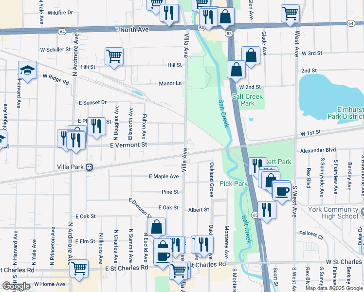 map of restaurants, bars, coffee shops, grocery stores, and more near 335 East Vermont Street in Villa Park