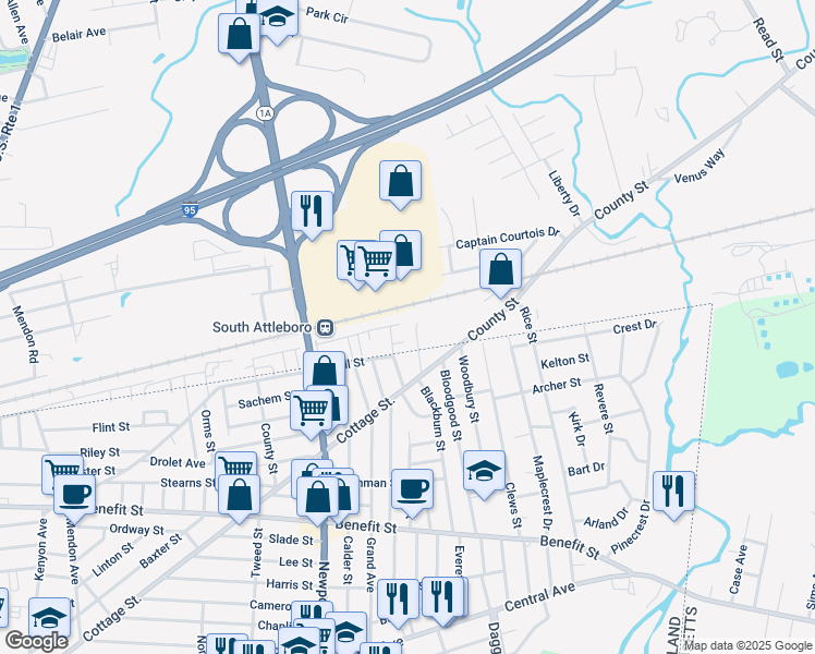 map of restaurants, bars, coffee shops, grocery stores, and more near 54 Burgess Street in Attleboro