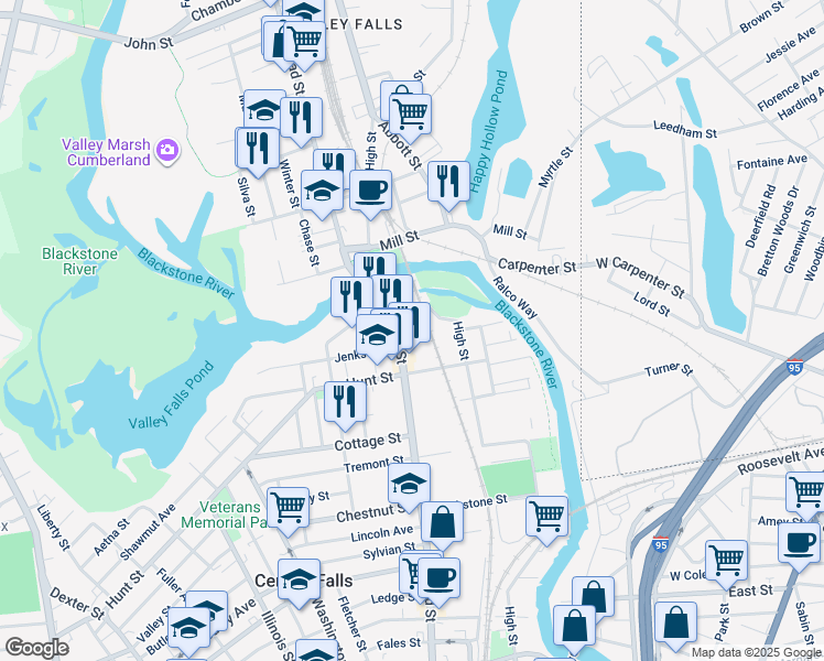 map of restaurants, bars, coffee shops, grocery stores, and more near 82 Division Street in Central Falls