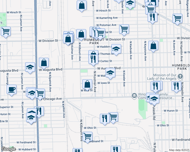 map of restaurants, bars, coffee shops, grocery stores, and more near North Kostner Avenue & West Walton Street in Chicago