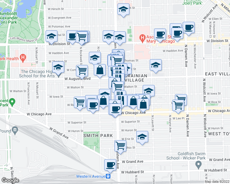 map of restaurants, bars, coffee shops, grocery stores, and more near 910 North Western Avenue in Chicago