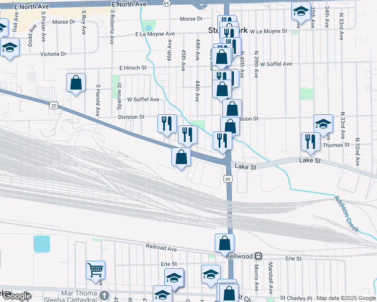 map of restaurants, bars, coffee shops, grocery stores, and more near 4401 W Lake St in Melrose Park