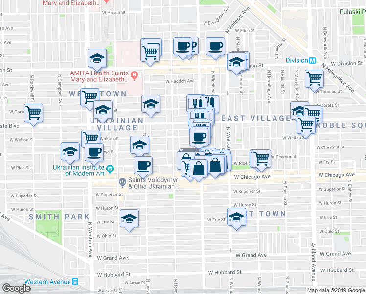 map of restaurants, bars, coffee shops, grocery stores, and more near 2038 West Iowa Street in Chicago