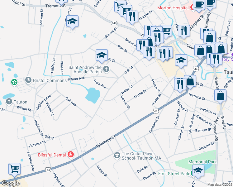 map of restaurants, bars, coffee shops, grocery stores, and more near 71 Wales Street in Taunton