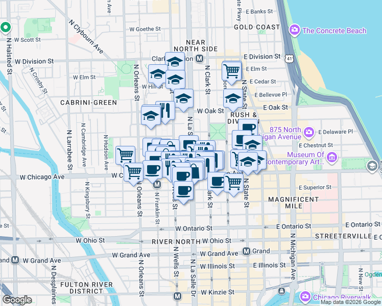 map of restaurants, bars, coffee shops, grocery stores, and more near 810 North LaSalle Street in Chicago