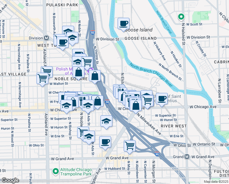 map of restaurants, bars, coffee shops, grocery stores, and more near 1223 West Chestnut Street in Chicago