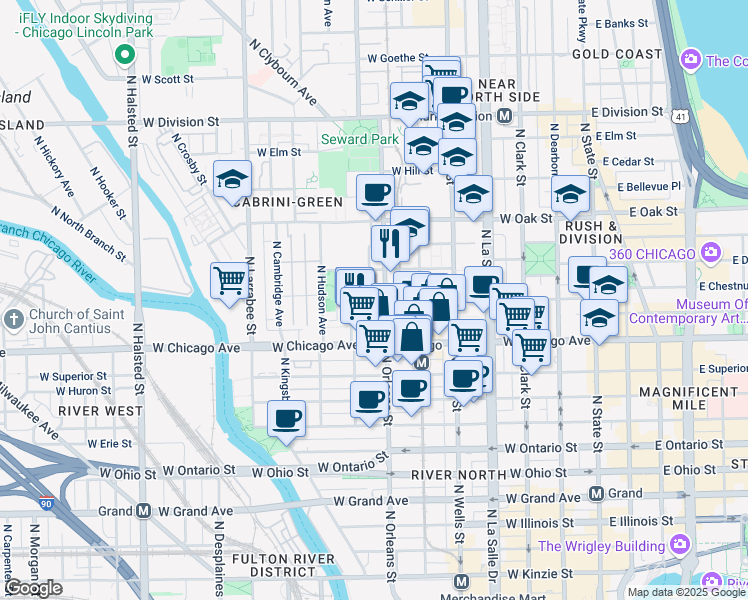 map of restaurants, bars, coffee shops, grocery stores, and more near 345 West Chestnut Street in Chicago
