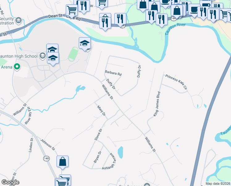 map of restaurants, bars, coffee shops, grocery stores, and more near 155 Duffy Drive in Taunton