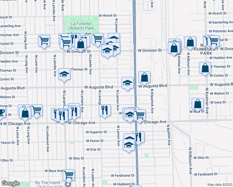 map of restaurants, bars, coffee shops, grocery stores, and more near 934 North Lamon Avenue in Chicago