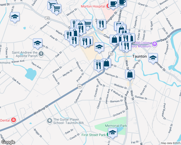map of restaurants, bars, coffee shops, grocery stores, and more near 207 Cohannet Street in Taunton