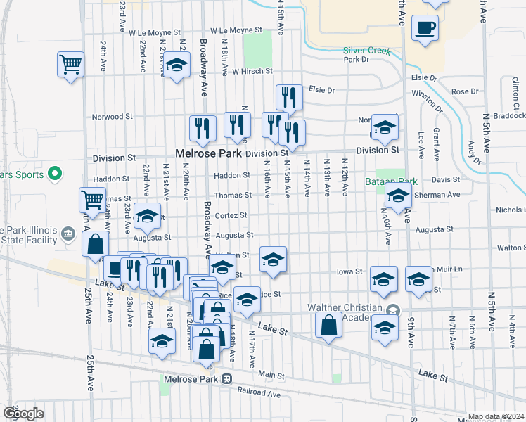 map of restaurants, bars, coffee shops, grocery stores, and more near 1200 North 16th Avenue in Melrose Park