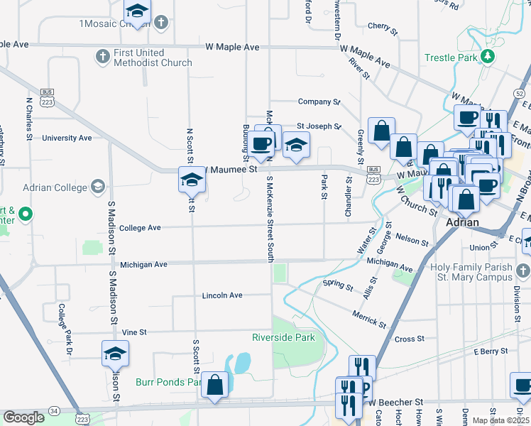 map of restaurants, bars, coffee shops, grocery stores, and more near 168 South McKenzie Street South in Adrian