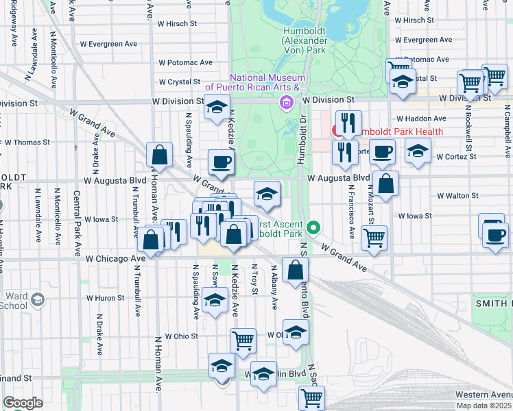 map of restaurants, bars, coffee shops, grocery stores, and more near 3132 West Grand Avenue in Chicago