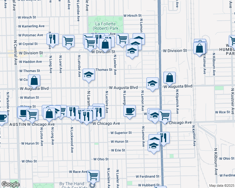 map of restaurants, bars, coffee shops, grocery stores, and more near 939 North Lawler Avenue in Chicago