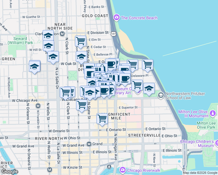 map of restaurants, bars, coffee shops, grocery stores, and more near 124 East Pearson Street in Chicago
