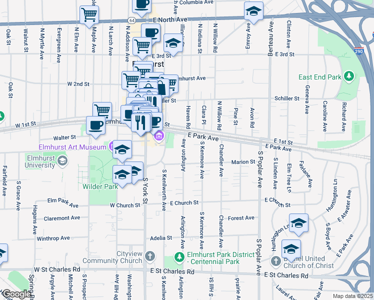 map of restaurants, bars, coffee shops, grocery stores, and more near 127 Arlington Avenue in Elmhurst