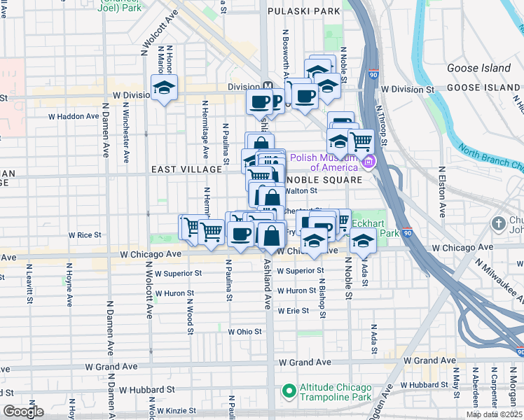 map of restaurants, bars, coffee shops, grocery stores, and more near 902 North Ashland Avenue in Chicago