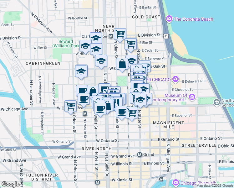 map of restaurants, bars, coffee shops, grocery stores, and more near 103 West Chestnut Street in Chicago