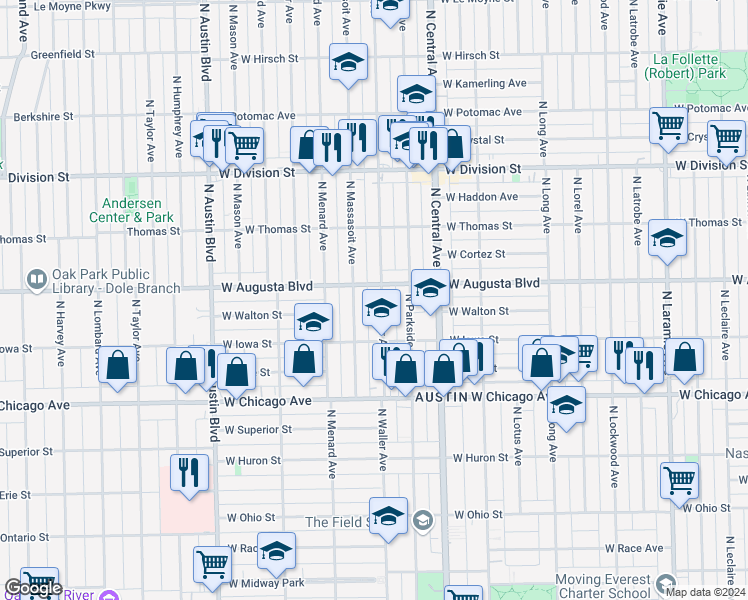 map of restaurants, bars, coffee shops, grocery stores, and more near 944 North Waller Avenue in Chicago