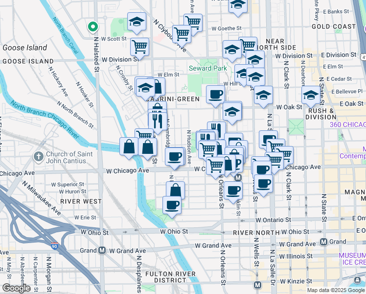 map of restaurants, bars, coffee shops, grocery stores, and more near 851 North Cleveland Avenue in Chicago