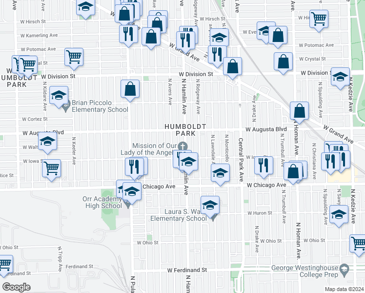 map of restaurants, bars, coffee shops, grocery stores, and more near 924 North Hamlin Avenue in Chicago