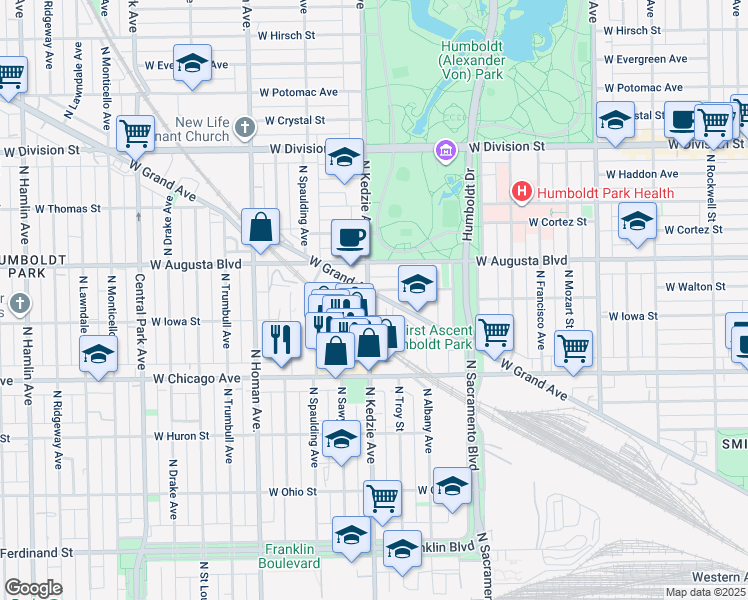 map of restaurants, bars, coffee shops, grocery stores, and more near 92 North Troy Street in Chicago