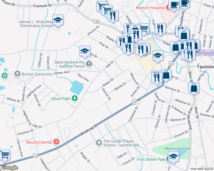 map of restaurants, bars, coffee shops, grocery stores, and more near 72 Wales Street in Taunton