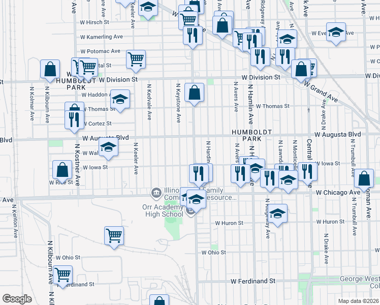 map of restaurants, bars, coffee shops, grocery stores, and more near 911 North Pulaski Road in Chicago