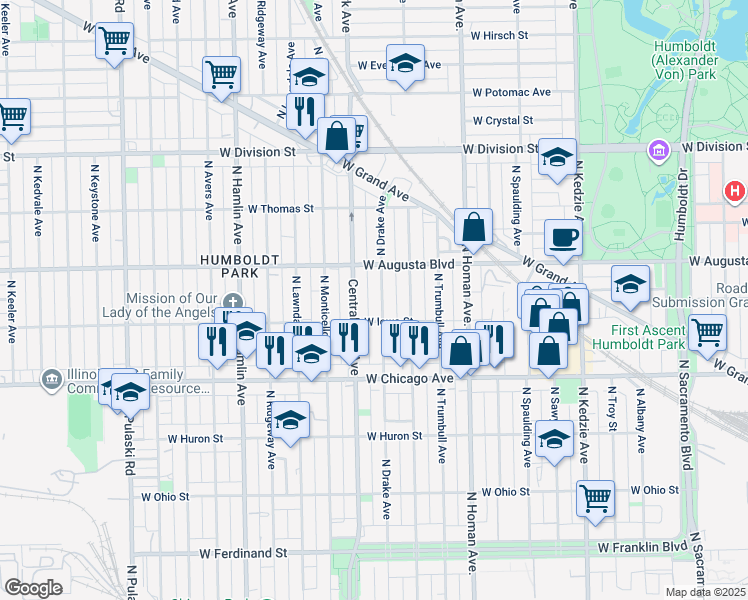 map of restaurants, bars, coffee shops, grocery stores, and more near 920 North Drake Avenue in Chicago