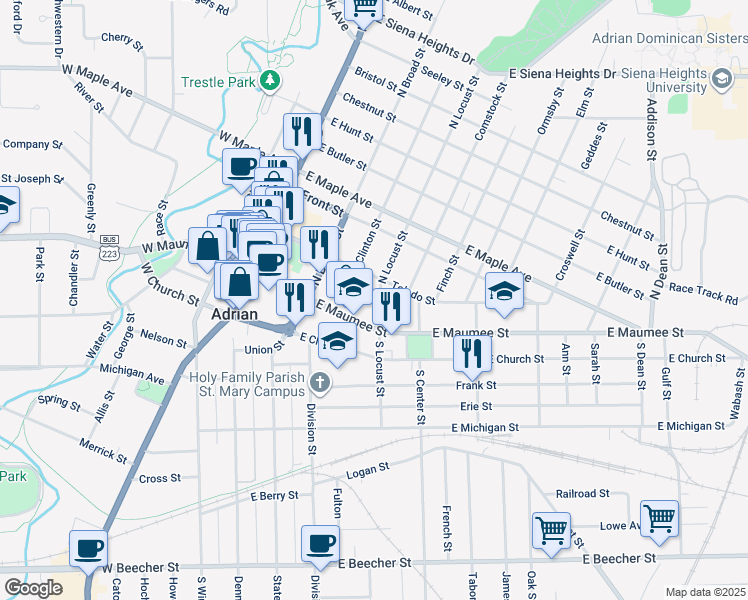 map of restaurants, bars, coffee shops, grocery stores, and more near 131 North Locust Street in Adrian
