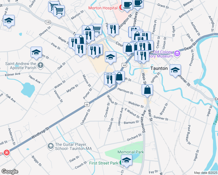 map of restaurants, bars, coffee shops, grocery stores, and more near 73 Winthrop Street in Taunton