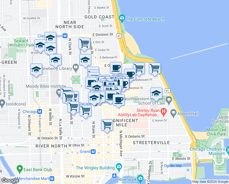 map of restaurants, bars, coffee shops, grocery stores, and more near 835 North Rush Street in Chicago