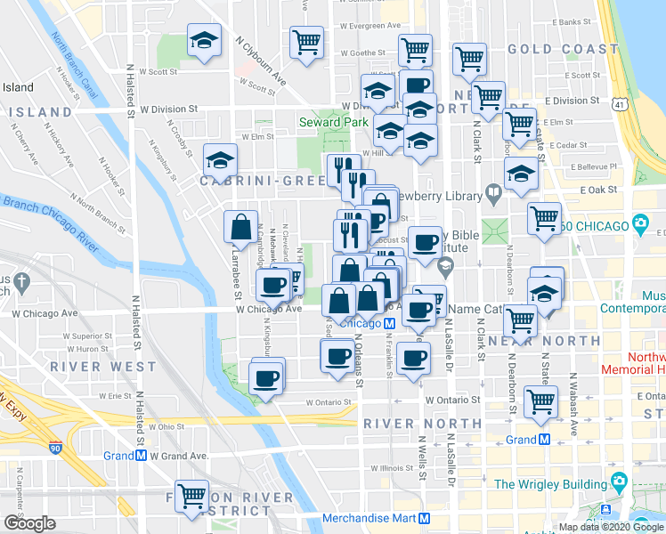 map of restaurants, bars, coffee shops, grocery stores, and more near 361 West Chestnut Street in Chicago