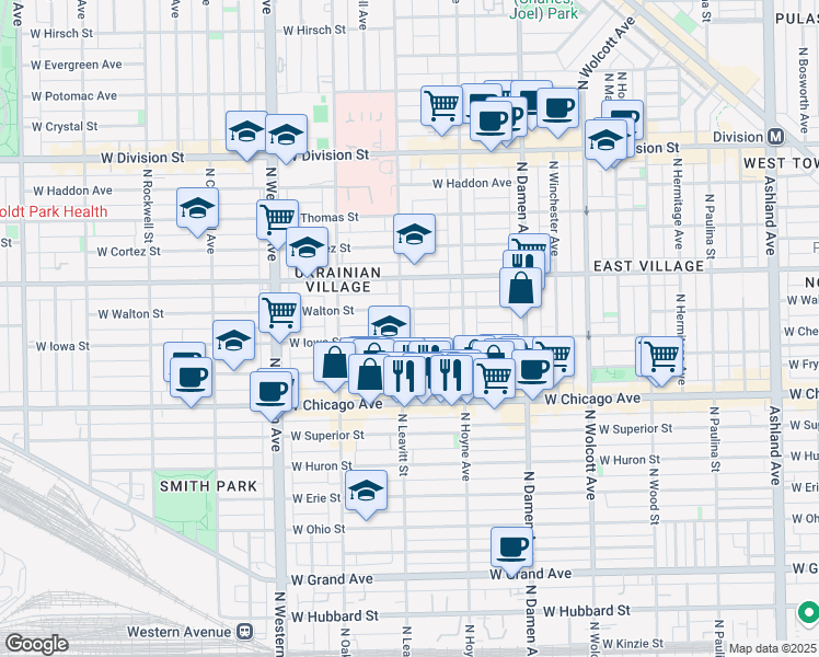 map of restaurants, bars, coffee shops, grocery stores, and more near 909 North Leavitt Street in Chicago