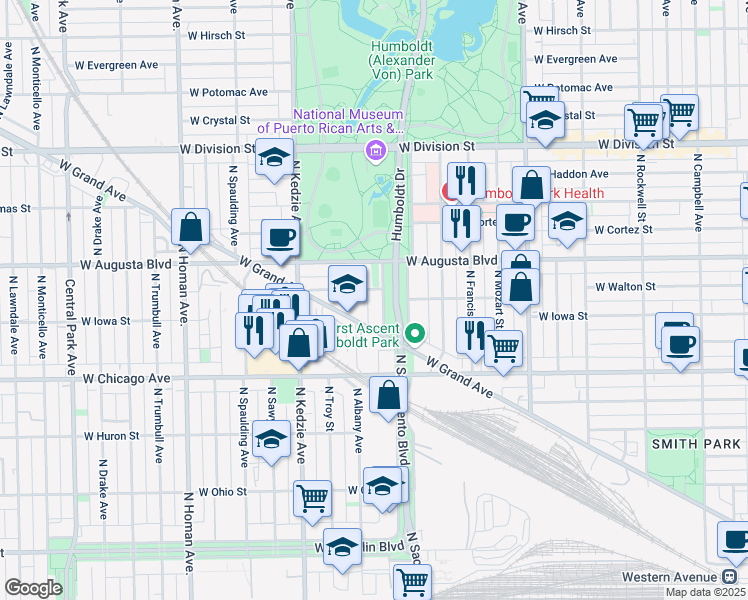 map of restaurants, bars, coffee shops, grocery stores, and more near 882 North Sacramento Drive in Chicago