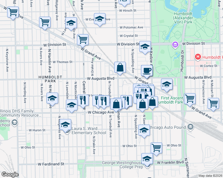 map of restaurants, bars, coffee shops, grocery stores, and more near 921 North Trumbull Avenue in Chicago