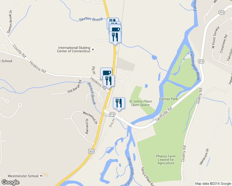 map of restaurants, bars, coffee shops, grocery stores, and more near 14 St.Johns Place in Simsbury
