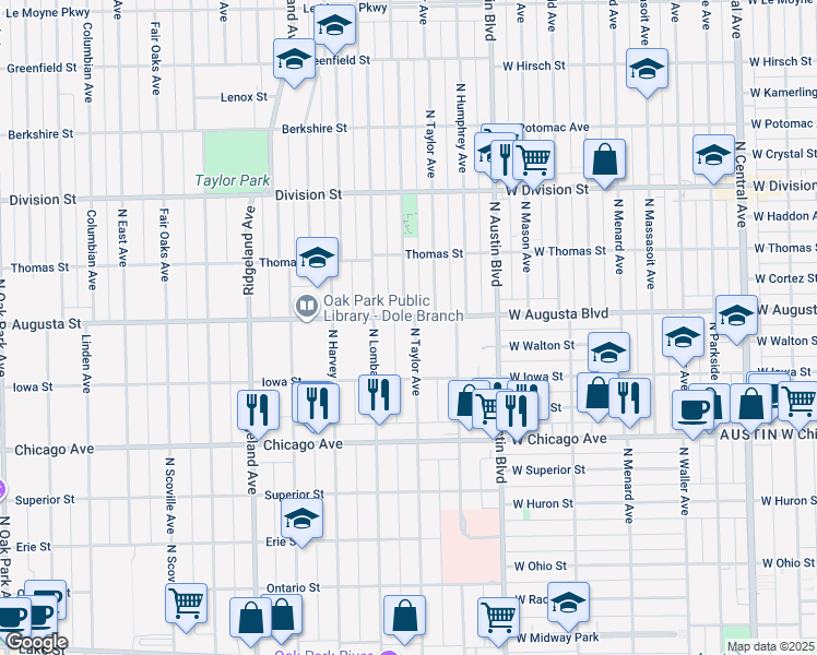 map of restaurants, bars, coffee shops, grocery stores, and more near 641 North Taylor Avenue in Oak Park